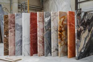 Marble slabs of various colors and patterns displayed in a workshop, natural stone textures for interior photo