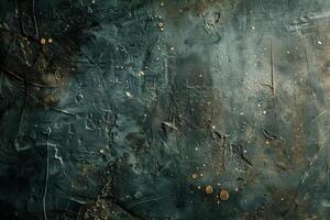 Dark textured abstract background with metallic gold speckles and rough, scratched surface. Moody, artistic element photo