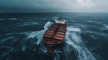 Cargo ship battling fierce waves in a stormy sea under dramatic skies, symbolizing danger and resilience photo