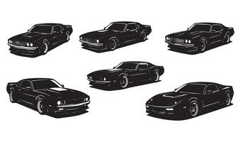 Timeless Classic Car Artwork Set Featuring Legendary Automobiles in a Minimalist Black Silhouette Style vector