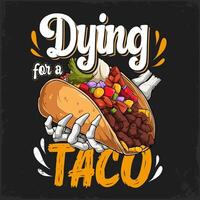 Hand drawn delicious but unhealthy junk food Mexican taco badge hold on a skeleton hand with labels vector