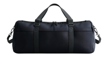 Durable black duffel bag with adjustable straps and multiple pockets for travel png