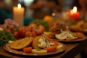 Colorful Dia de Muertos Feast with Candles and Fresh Ingredients at Festival Celebration photo