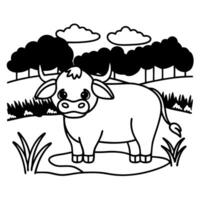 Cute cow in nature black and white illustration with trees, grass, and clouds for coloring book vector