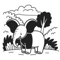 elephant in black and white, playful nature scene illustration with trees and bushes vector