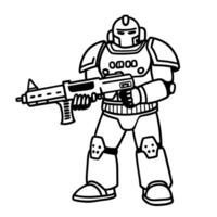Armored robotic soldier with futuristic gun in black and white line art illustration vector