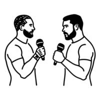 illustration of two men facing each other with microphones black and white line art, conversation or debate concept vector