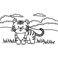 Cute tiger in natural habitat with doodles of grass and trees vector