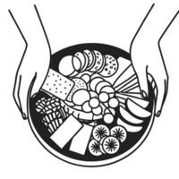 hands presenting a diverse platter of assorted cheeses, fruits, and snacks vector