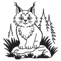Lynx illustration on rock in forest black and white drawing with trees and grass vector
