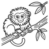 Cute monkey on tree branch in style, line art illustration with leaves vector
