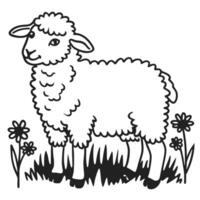 adorable sheep in meadow with flowers cute fluffy lamb illustration, simple black and white line art vector