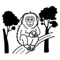 monkey perched on branch black and white illustration, holding fruit, surrounded by trees vector