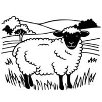 Black and white illustration of sheep in countryside landscape with hills and trees vector