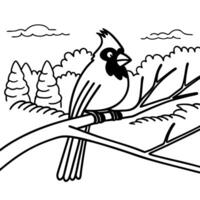 Cardinal perched on branch in woodland sketch black and white nature illustration with trees and clouds vector