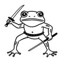 frog warrior with swords amphibian fighter in dynamic pose wearing belt, line art drawing vector