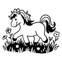 Cute pony in a field with flowers and grass, monochrome illustration for coloring vector