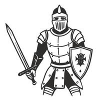 Medieval knight in armor with sword and shield, black and white illustration vector