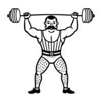 Vintage strongman illustration lifting barbell with mustache retro weightlifting strength vector