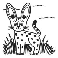 spotted serval kitten illustration on grass with clouds in background vector