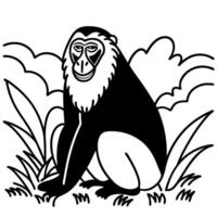 illustration of a sitting monkey in nature black and white line art of primate in jungle setting with foliage background vector