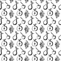 Pear with apple and grapes in doodle style. Seamless pattern. vector