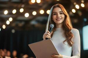 Smiling businesswoman holding microphone and laptop is speaking at a conference photo