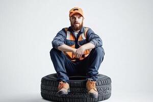 Mechanic resting on tire after fixing vehicle in workshop photo