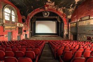 Empty vintage movie theater showing white screen and red seats photo