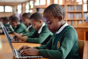 African pupils using laptops in library, learning computer skills photo