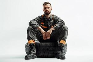 Confident mechanic resting on tire after fixing vehicle in garage photo