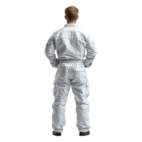 person wearing white uniform stands with their back facing viewer, exuding sense of readiness and professionalism png