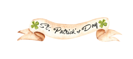 Beige folded Banner for St. Patrick Day. Vintage Ribbon with text and four leaf lucky Clover. Hand drawn Watercolor illustration. png