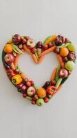Heart shape frame of colourful fruits and vegetables on white background photo