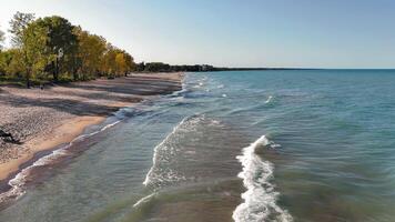 Serene coastline with gentle waves, Scenic coastal view with a sandy beach, trees, and calm ocean waves under a clear sky. video