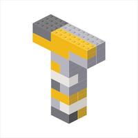 Letter T in isometric view assembled from plastic blocks. vector