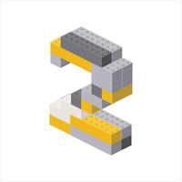Number 2 in isometric view assembled from plastic blocks. vector