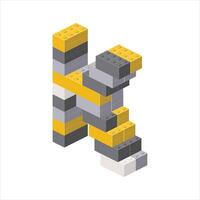 Letter K in isometric view assembled from plastic blocks. vector