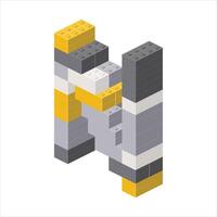 Letter N in isometric view assembled from plastic blocks. vector