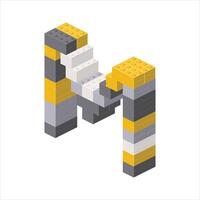 Letter M in isometric view assembled from plastic blocks. vector