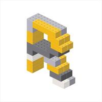 Letter R in isometric view assembled from plastic blocks. vector