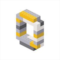Number 0 in isometric view assembled from plastic blocks. vector