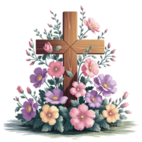 A wooden cross is surrounded by an array of colorful, blooming flowers, creating a harmonious and peaceful scene cutouts png