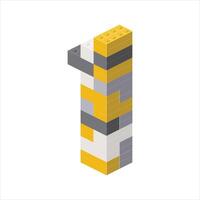 Number 1 in isometric view assembled from plastic blocks. vector