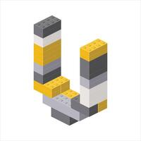 Letter U in isometric view assembled from plastic blocks. vector