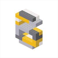 Number 6 in isometric view assembled from plastic blocks. vector