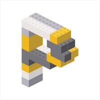 Letter P in isometric view assembled from plastic blocks. vector