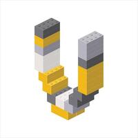 Letter V in isometric view assembled from plastic blocks. vector