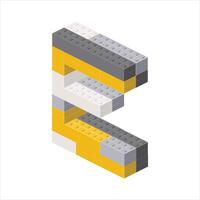 Letter E in isometric view assembled from plastic blocks. vector