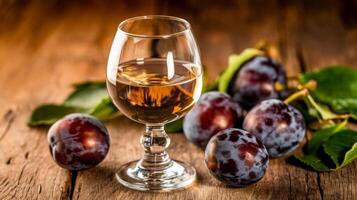A glass of wine and plums on a wooden table photo